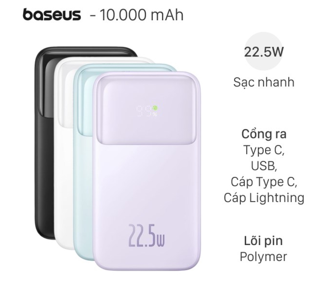 Pin dự phòng Baseus 10.000mAh sạc nhanh 22,5W liền 2 cáp - PPMD10 (C + L)