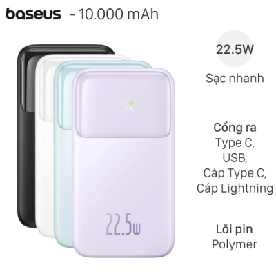 Pin dự phòng Baseus 10.000mAh sạc nhanh 22,5W liền 2 cáp - PPMD10 (C + L)